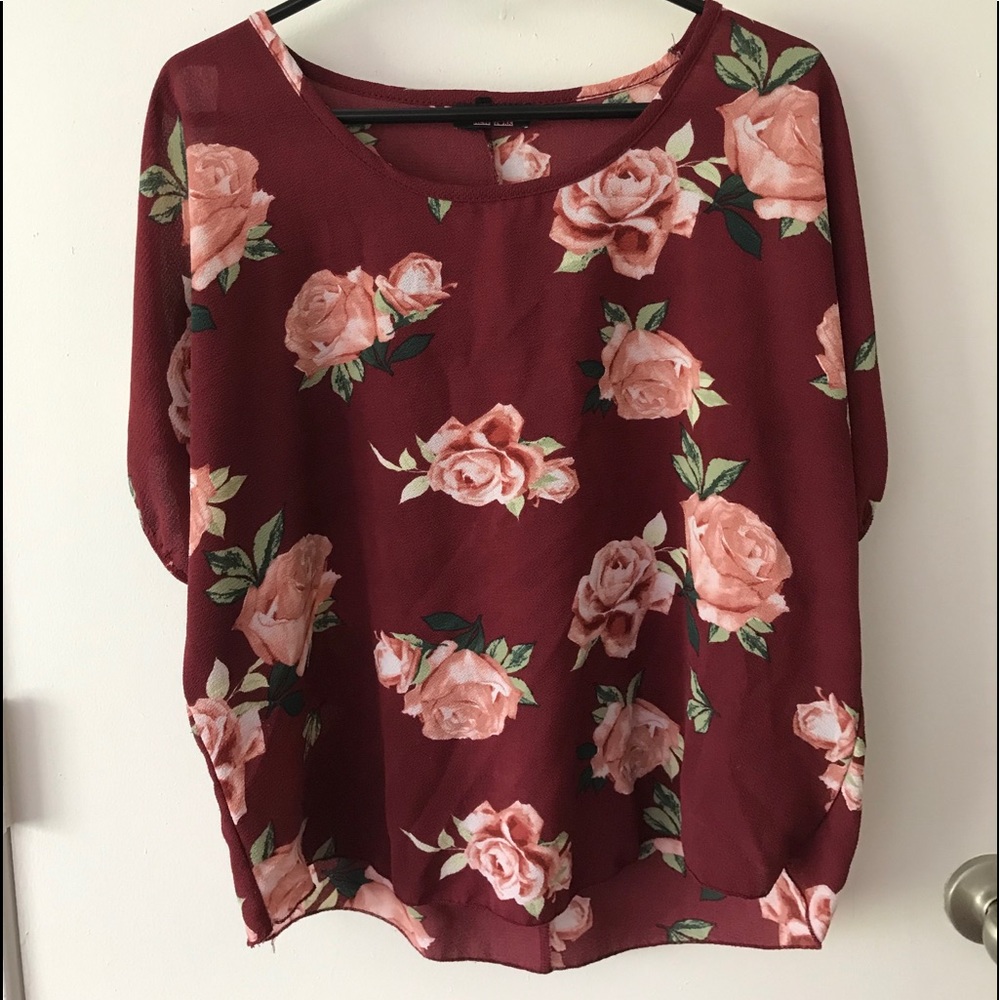 Burgundy short sleeve blouse with floral pattern